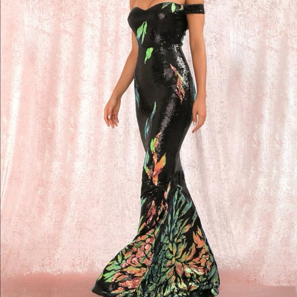 SHEIN Love and Lemonade Off The Shoulder Fishtail Hem Sequin Dress